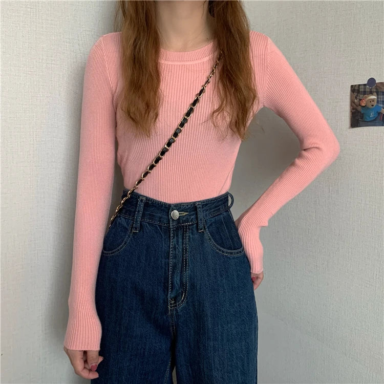 New Women Sweater  Long Sleeve Pullover Basic Top Fashion O-neck Elastic Female Winter Solid Knitted Jumper
