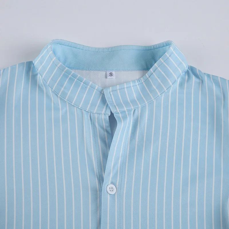 Blue White Stripe Polo Neck Button Splice Short Sleeve T Shirt Slim Fit Curves Sensation Outerwear