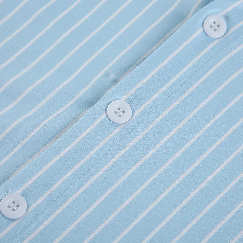 Blue White Stripe Polo Neck Button Splice Short Sleeve T Shirt Slim Fit Curves Sensation Outerwear
