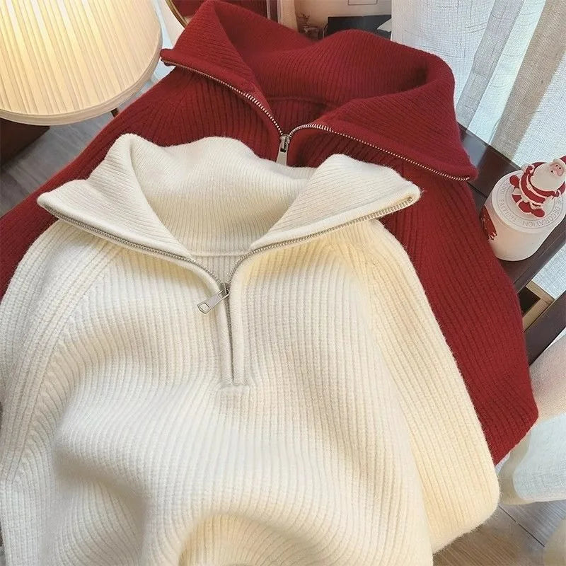 2024 Autumn Style Versatile Basics Half-zipper Loose Lapel Winter Long-sleeved Lazy Sweater Pullover Top