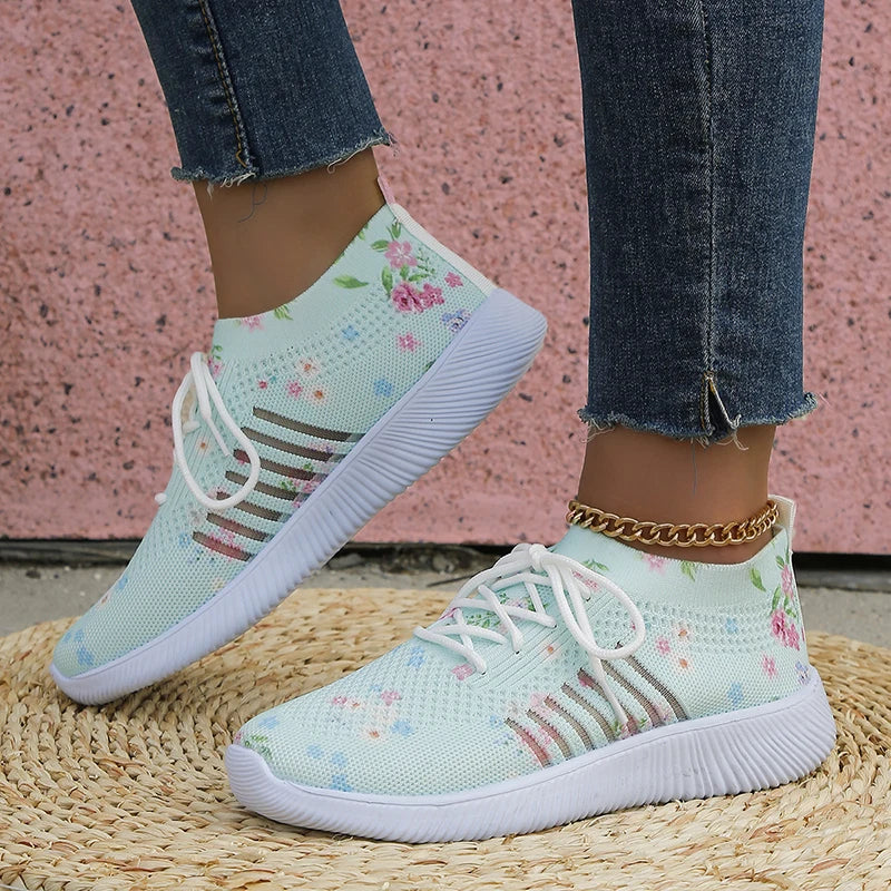 Breathable Knitted Casual Sneakers for Women Lightweight Soft Sole Slip On Walking Shoes Woman Plus Size Fashion Printed Flats