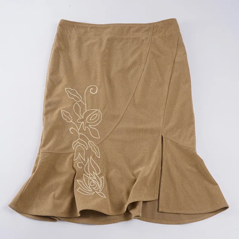 Ticketsx Fashion Vintage Embroidered Skirt Summer Solid New Ruched Split Slim Skirt Elegant Vacation Streetwear Women's Clothing
