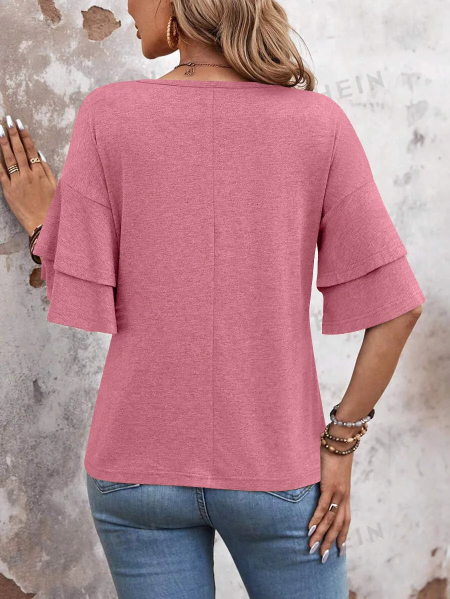 Women's Summer V-Neck Double Layer Ruffle Sleeve Top Unique Casual Solid Design