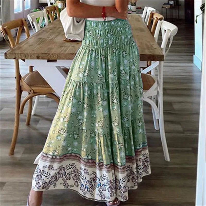 Fashion Women Skirts New Casual All-match Skirt Loose Elastic Waist Floral Print Ethenic Style Boho Skirt Bohemian Style Skirt