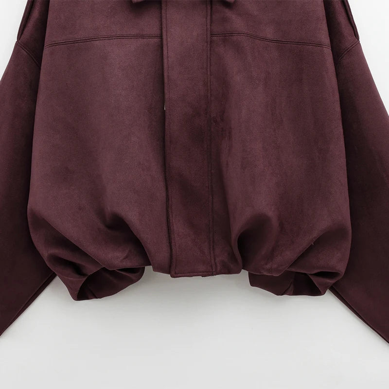 HXAO Women's Bomber Jacket Lapel Long Sleeve Zipper Suede Jacket Women 2025 High Street Cropped Racing Jackets Coats Outerwears