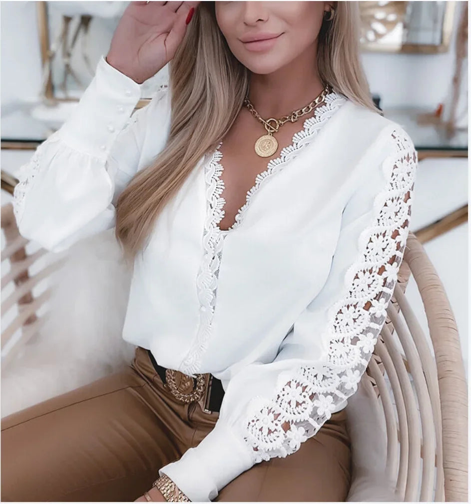 Sexy V Neck Long Sleeve Lace Crochet Floral Print Slim Loose Blouse Shirts Summer Women Lace Patchwork Blouse Tops