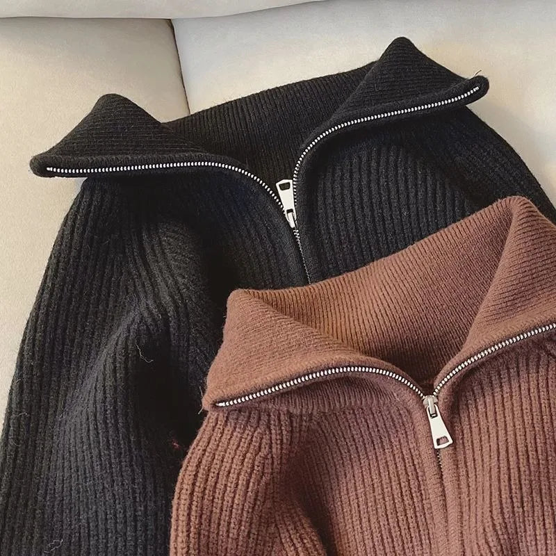 2024 Autumn Style Versatile Basics Half-zipper Loose Lapel Winter Long-sleeved Lazy Sweater Pullover Top