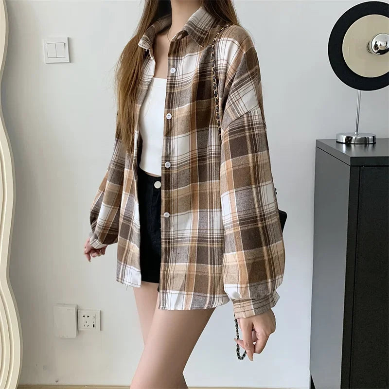 Plaid Shirt Women Long Sleeve Top Female Vintage Fashion Single Breasted Blouse Ladies Preppy Style Loose Check Shirts