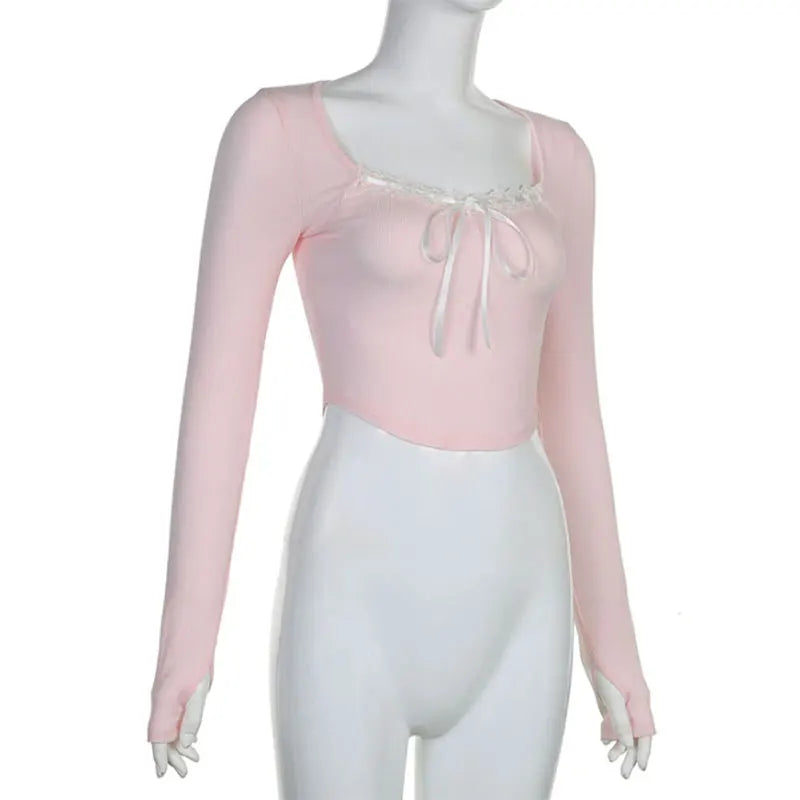 Mooyu Cute Bandage Bow Cropped Top Pink Sweet Coquette Sweet T Shirts Fall Spring Casual Square Collar Tees Women y2k Aesthetic
