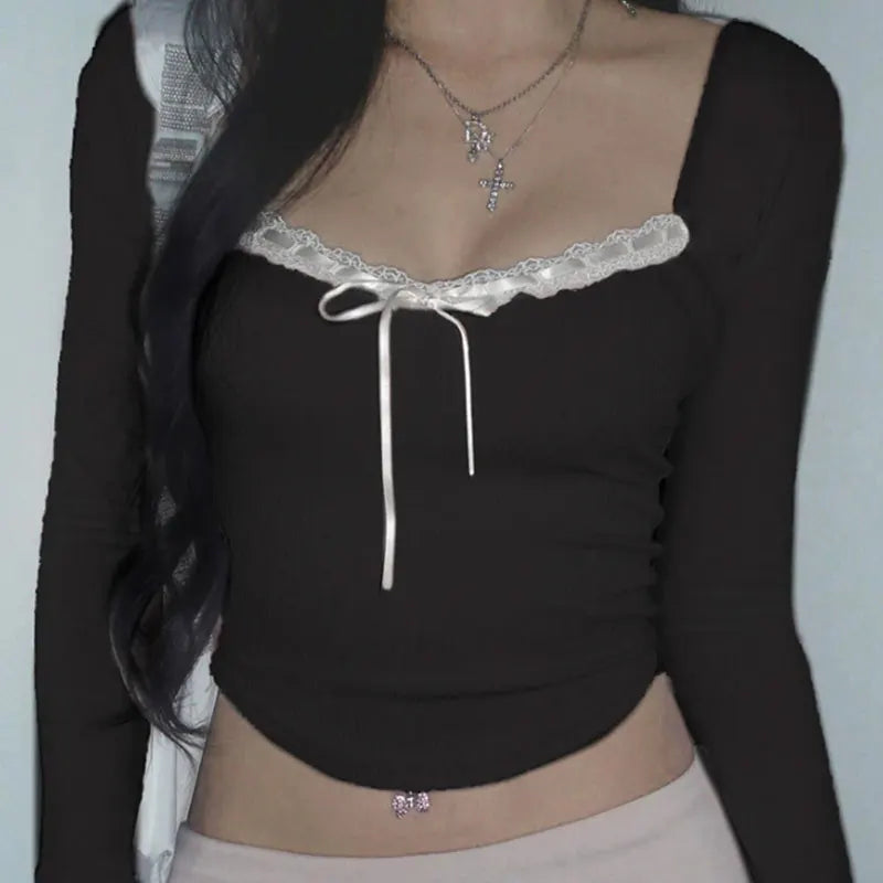 Mooyu Cute Bandage Bow Cropped Top Pink Sweet Coquette Sweet T Shirts Fall Spring Casual Square Collar Tees Women y2k Aesthetic