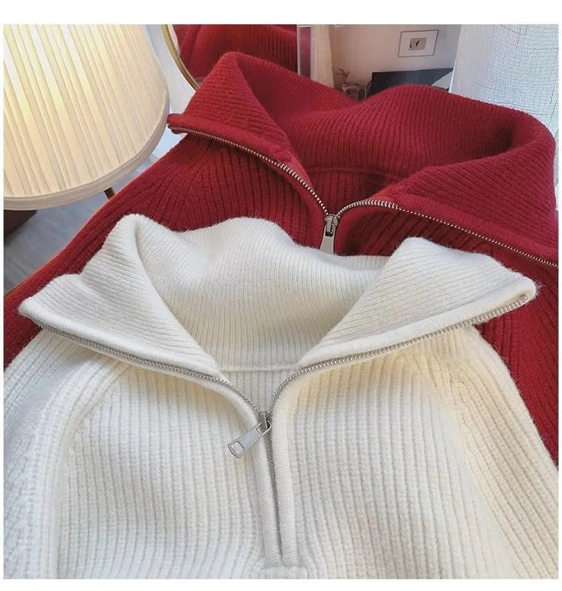 2024 Autumn Style Versatile Basics Half-zipper Loose Lapel Winter Long-sleeved Lazy Sweater Pullover Top