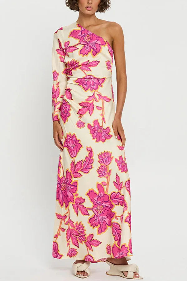 Fashion Rose Printed Satin Dress Womens Elegant High Waist  Boho Maxi Dress Sexy One Shoulder Long Sleeve Women Party Dresses