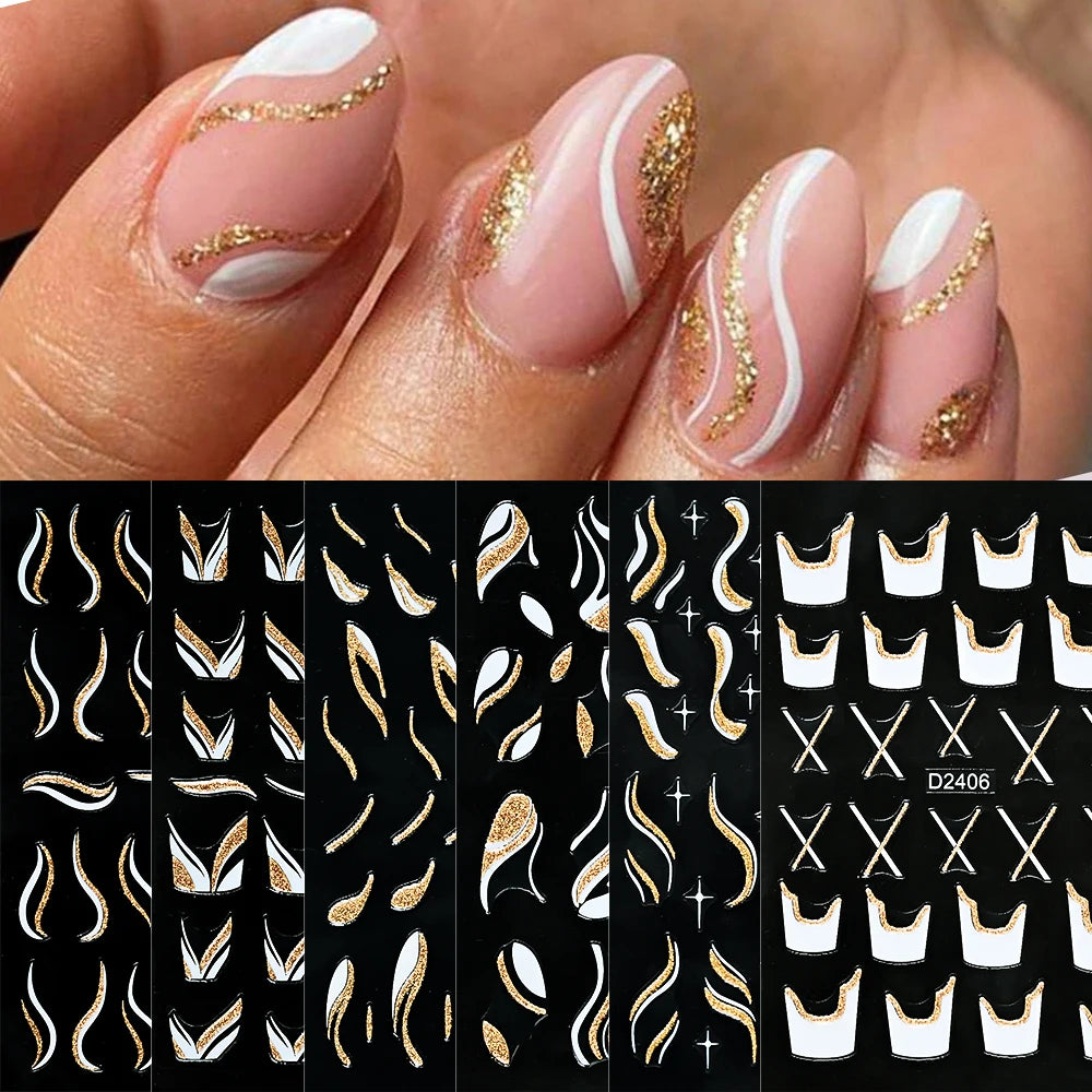 Shiny Glitter French Lines Nails Stickers Waves Curve Ribbon White Gold Stripes Manicure Decals Nails Charming Decoration NK-324