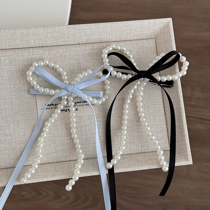 Fairy Spare Ribbon Bowknot Pearl Barrettes Female Back Head New Arrival Girlish Style Side Clip Duckbill Clip