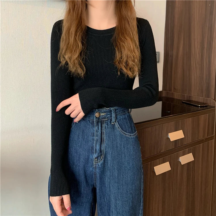 New Women Sweater  Long Sleeve Pullover Basic Top Fashion O-neck Elastic Female Winter Solid Knitted Jumper