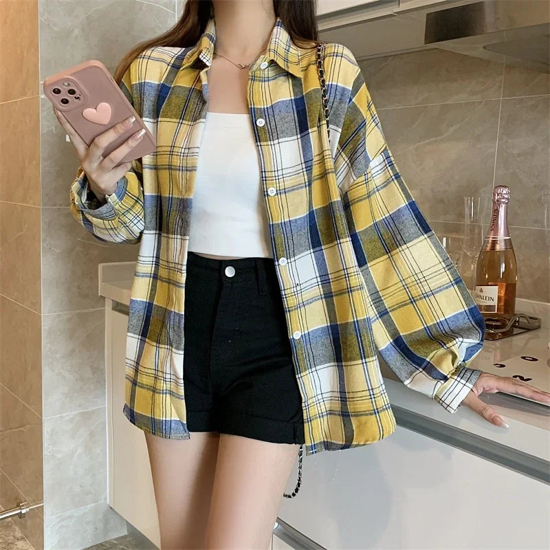 Plaid Shirt Women Long Sleeve Top Female Vintage Fashion Single Breasted Blouse Ladies Preppy Style Loose Check Shirts
