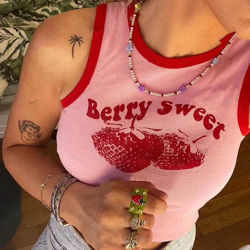Pink Print Y2k Tank Top Summer Off Shoulder O Neck Sleeveless Fashion 90s Vintage Crop Tops Women Casual Sexy