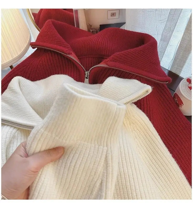 2024 Autumn Style Versatile Basics Half-zipper Loose Lapel Winter Long-sleeved Lazy Sweater Pullover Top