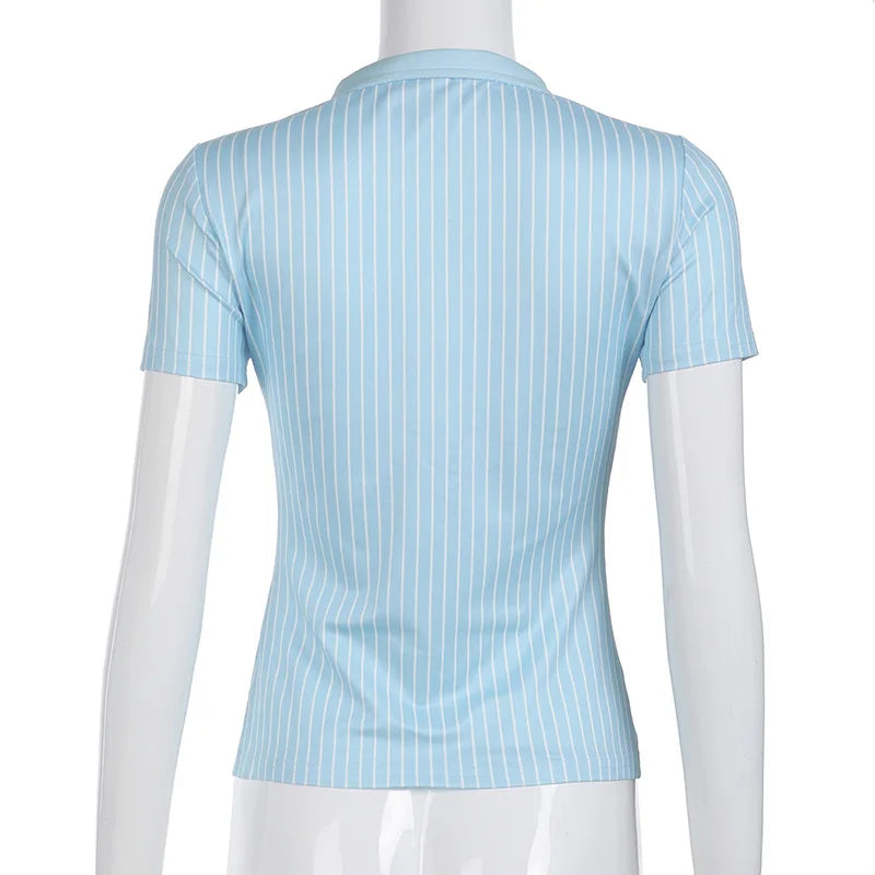 Blue White Stripe Polo Neck Button Splice Short Sleeve T Shirt Slim Fit Curves Sensation Outerwear