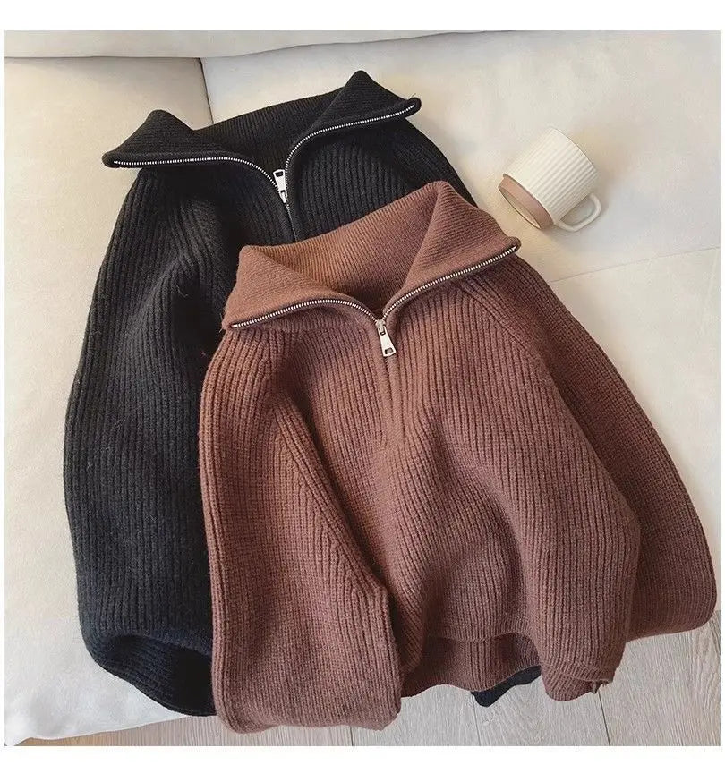 2024 Autumn Style Versatile Basics Half-zipper Loose Lapel Winter Long-sleeved Lazy Sweater Pullover Top