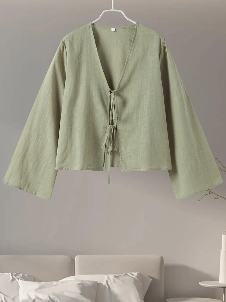 Cotton Linen Lace Up Bow Shirts Women Loose Hollow Out V Neck Long Sleeve Tops Female 2026 Spring New Lady Streetwear Top