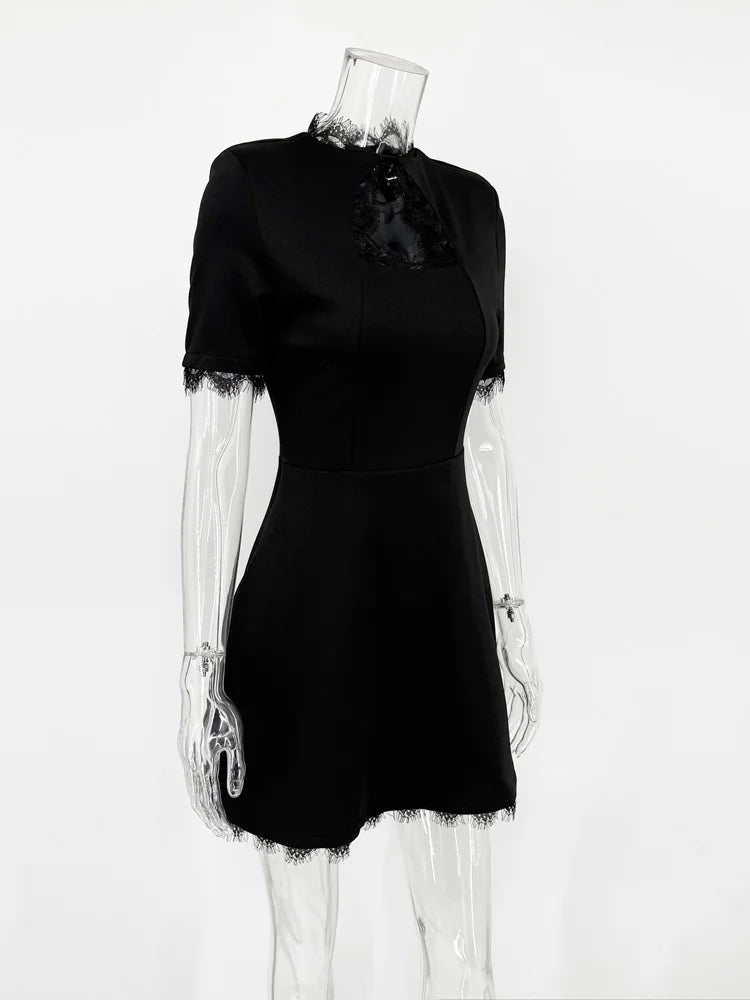 Tossy Black Lace Hollow Out Mini Dress Female Patchwork Short Sleeve Sexy High Waist Party Dress Women's Casual Printed Dress