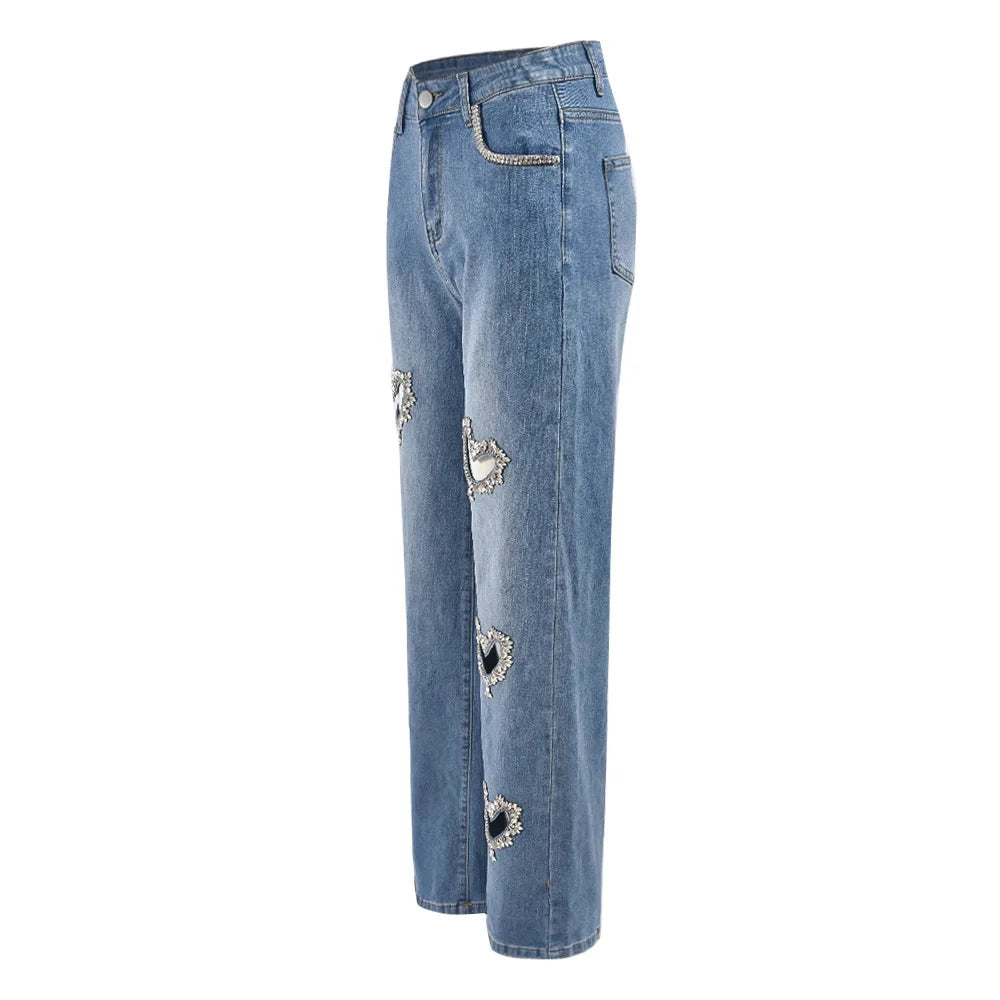 Women Stretch Jeans Ankle Length Jean Washed Denim Straight Pants High Waist Trousers Pockets Basics Hollow Solid Diamonds