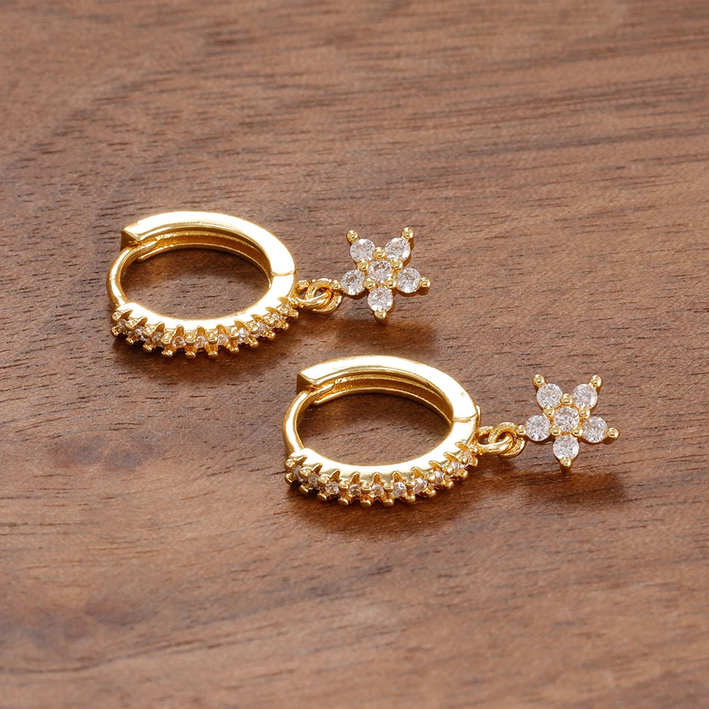 2PCS Delicate Zircon Flower Dangle Earrings For Woman Gold Plated Stainless Steel Premium Daily Cartilage Piercing Jewelry
