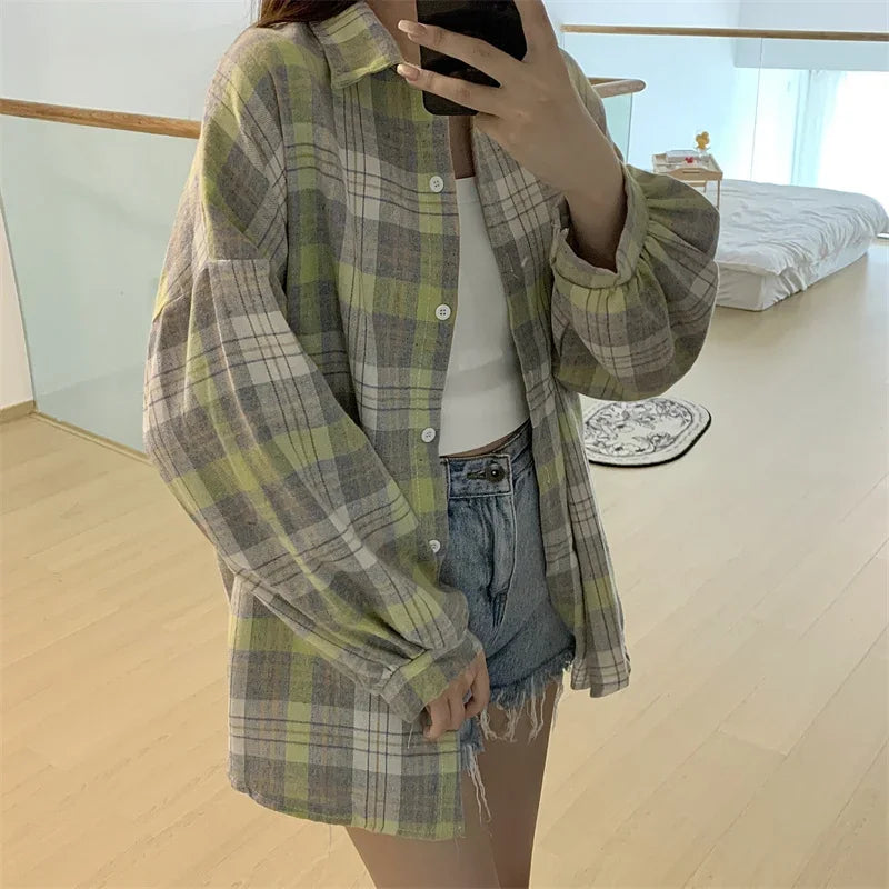 Plaid Shirt Women Long Sleeve Top Female Vintage Fashion Single Breasted Blouse Ladies Preppy Style Loose Check Shirts