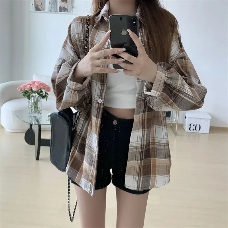 Plaid Shirt Women Long Sleeve Top Female Vintage Fashion Single Breasted Blouse Ladies Preppy Style Loose Check Shirts