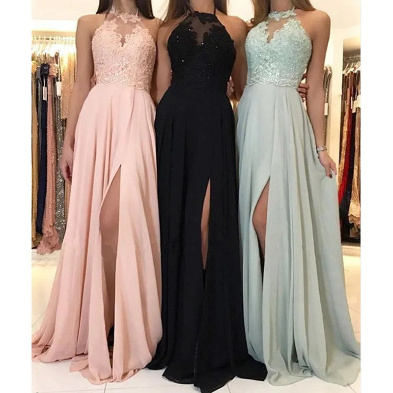 Dress Women Wedding Sexy Halter Lace Floral Sleeveless High Waist Evening Long Dresses Gown Vestidos Slim Fit Elegant