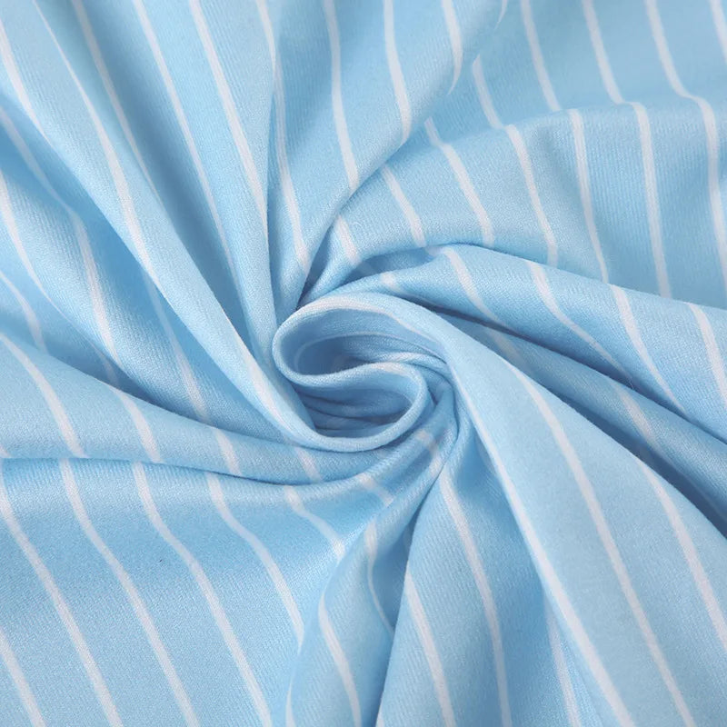 Blue White Stripe Polo Neck Button Splice Short Sleeve T Shirt Slim Fit Curves Sensation Outerwear