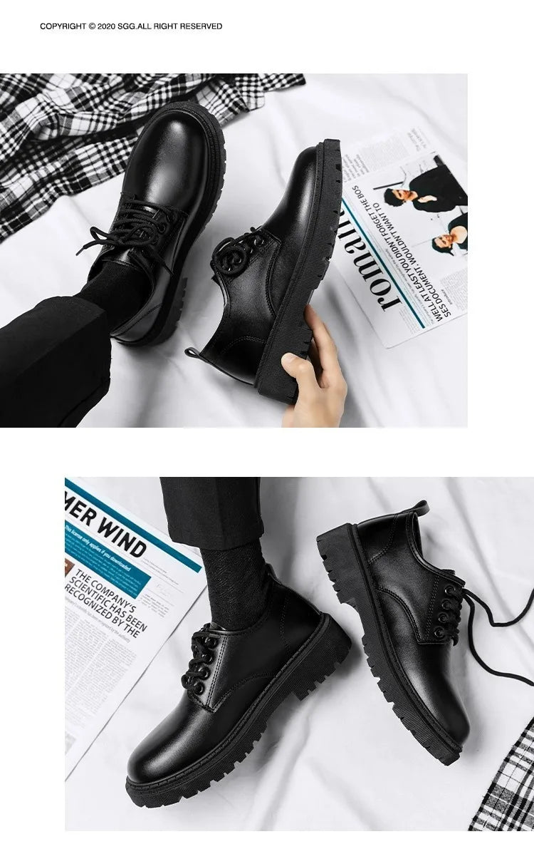 Men's Casual Leather Shoes Thick Bottom Leisure Trendy British Style Winter New Arrival Breathable round Toe Low Heel