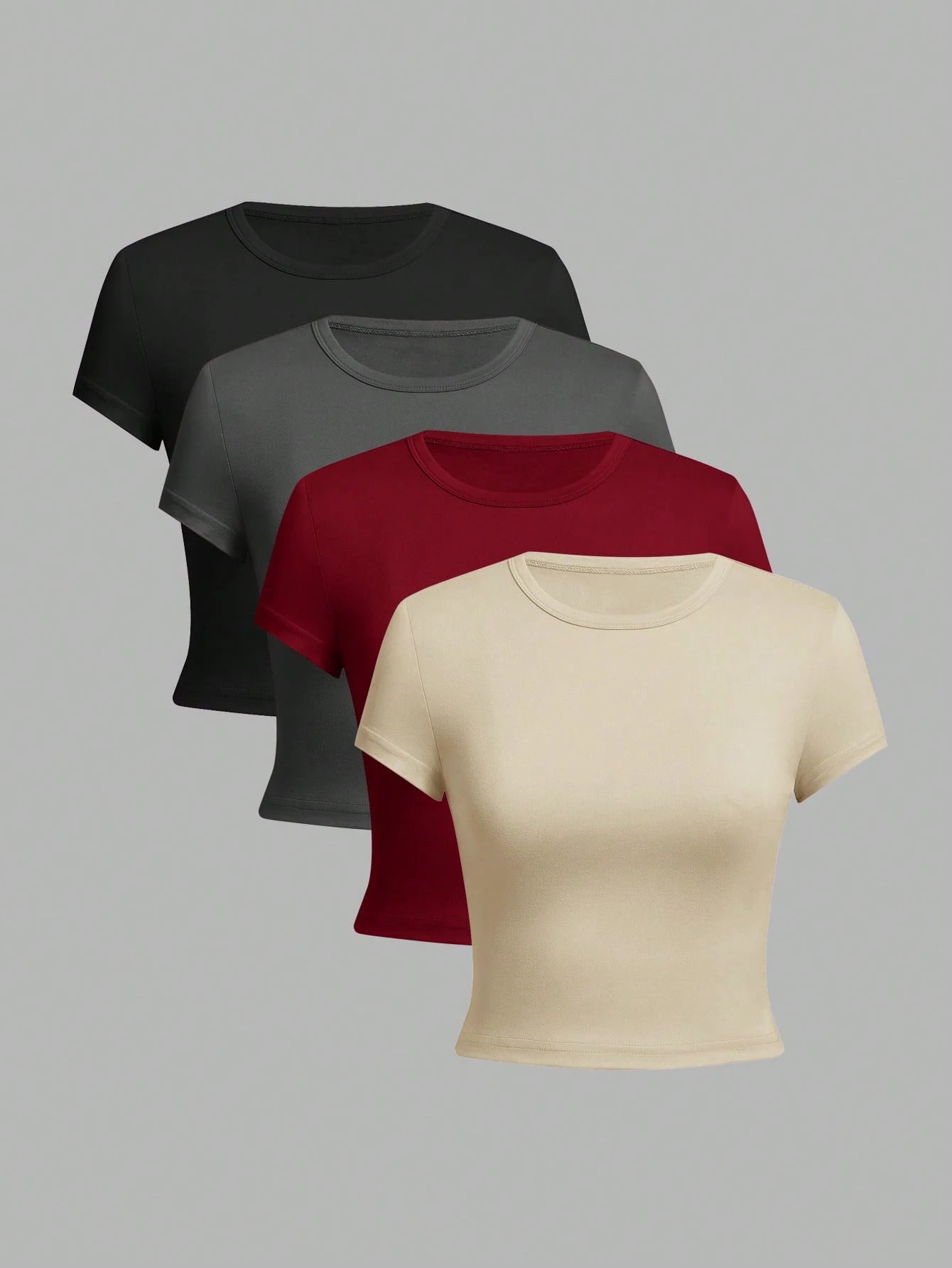 4 pieces Solid color basic short sleeved tight fitting T-shirt for women's casual summer minimalist women's style top O-neck