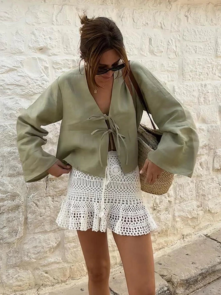 Cotton Linen Lace Up Bow Shirts Women Loose Hollow Out V Neck Long Sleeve Tops Female 2026 Spring New Lady Streetwear Top