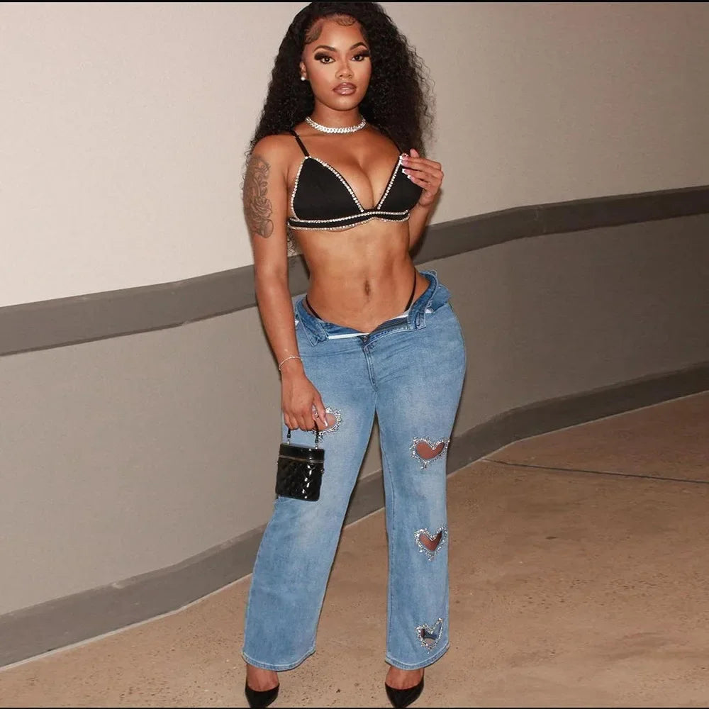 Women Stretch Jeans Ankle Length Jean Washed Denim Straight Pants High Waist Trousers Pockets Basics Hollow Solid Diamonds
