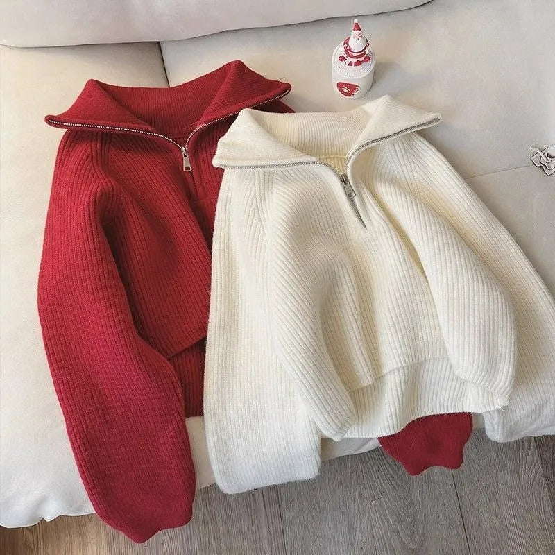 2024 Autumn Style Versatile Basics Half-zipper Loose Lapel Winter Long-sleeved Lazy Sweater Pullover Top
