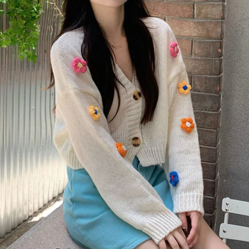 Appliqué Flowers Cardigan Women Fall Winter Cropped V-neck Button-up Knitted Sweater Jacket Fairycore Shrunken Cardigan