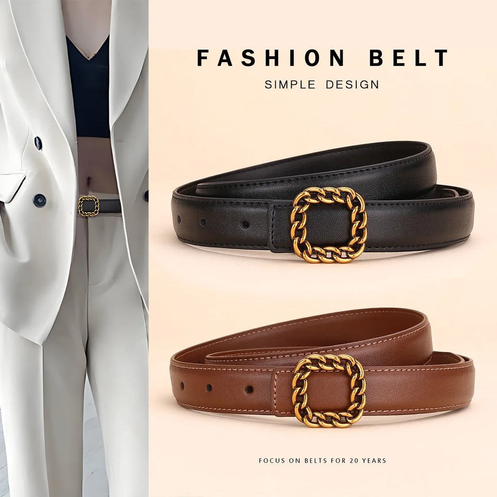 Ladies' vintage square-buckle leather belt; versatile dress belt for women; simple waist belt for women's suits; vintage