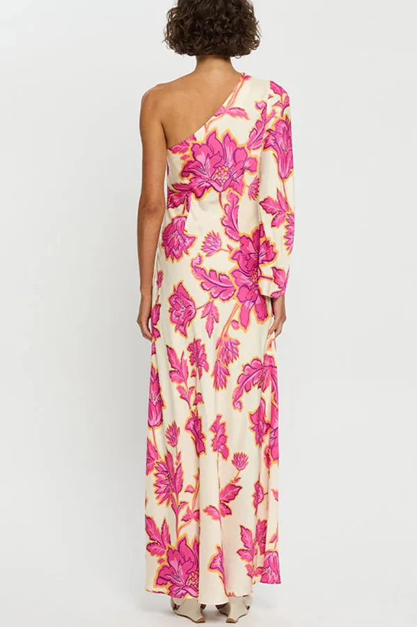 Fashion Rose Printed Satin Dress Womens Elegant High Waist  Boho Maxi Dress Sexy One Shoulder Long Sleeve Women Party Dresses