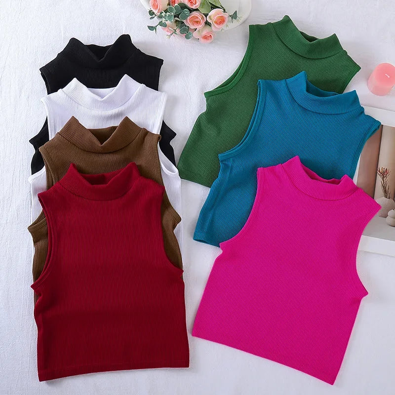 New Seamless Ribbed High Neck Sports Vest Full Wrap Vertical Stripes Running Fitness Yoga Women's Quick Dry Top Female
