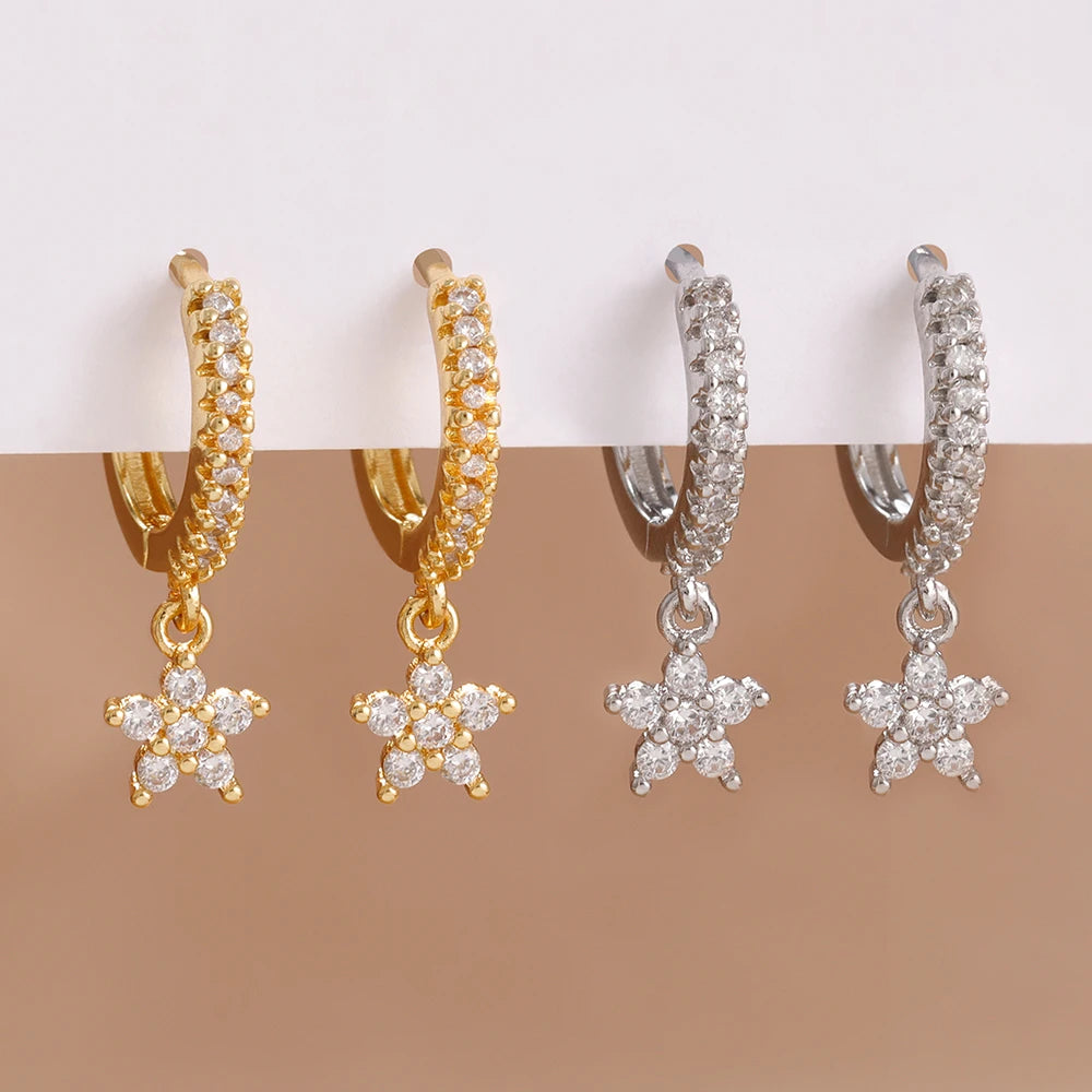2PCS Delicate Zircon Flower Dangle Earrings For Woman Gold Plated Stainless Steel Premium Daily Cartilage Piercing Jewelry