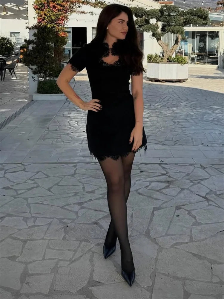 Tossy Black Lace Hollow Out Mini Dress Female Patchwork Short Sleeve Sexy High Waist Party Dress Women's Casual Printed Dress