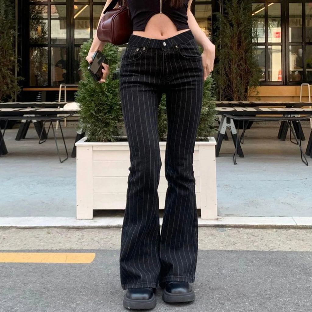 2000s Clothes Y2k Low Rise Boot Cut Jeans Woman Casual Black Striped Denim Trousers Streetwear Flare Pants P77-DD25