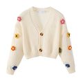 Appliqué Flowers Cardigan Women Fall Winter Cropped V-neck Button-up Knitted Sweater Jacket Fairycore Shrunken Cardigan
