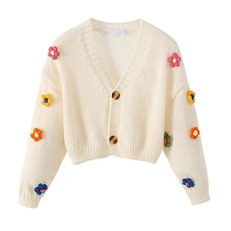 Appliqué Flowers Cardigan Women Fall Winter Cropped V-neck Button-up Knitted Sweater Jacket Fairycore Shrunken Cardigan
