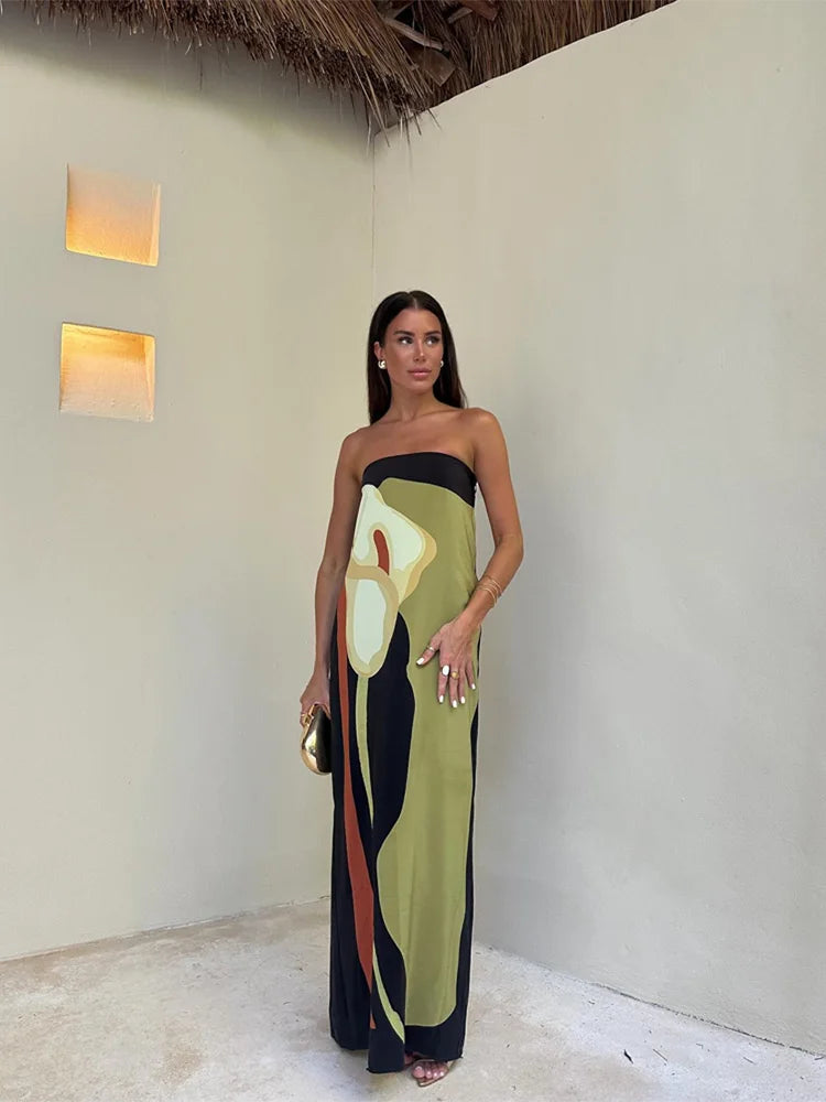 Sexy Strapless Backless Printed Long Dress Women Fashion Sleeveless Off Shoulder Vestidos Summer Lady Party Evening Robes
