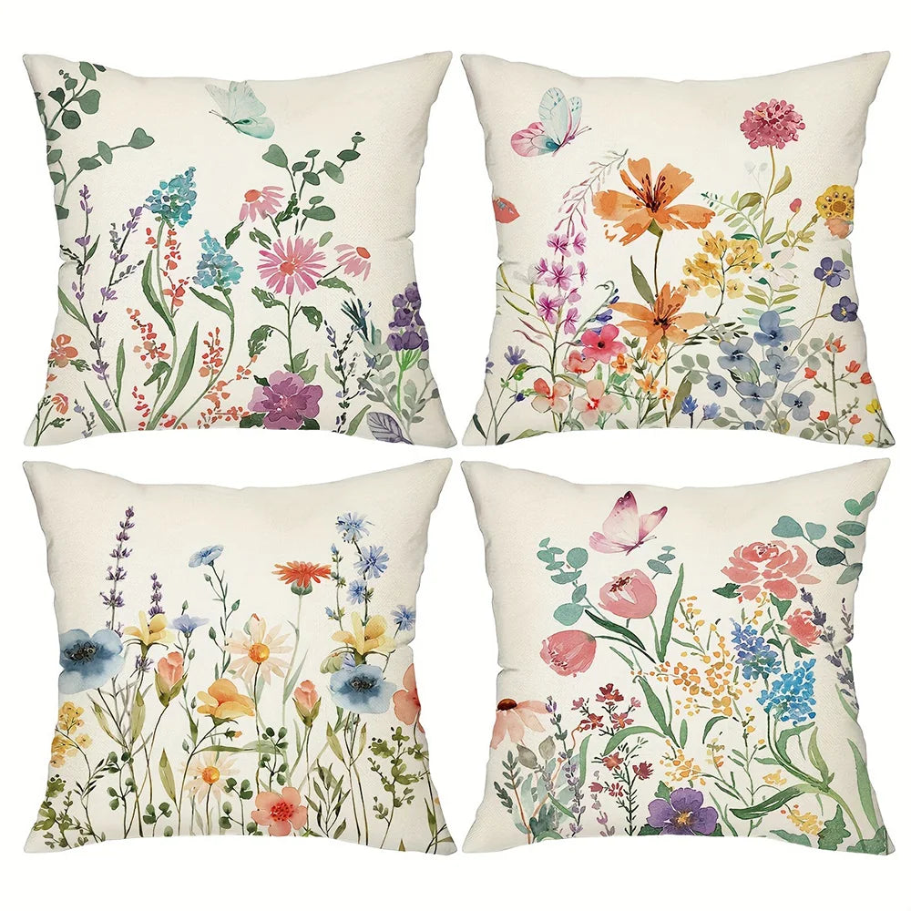 4pcs Floral Printed Pillowcases with Butterfly Motifs Sofa cushion cover home bedroom room decoration