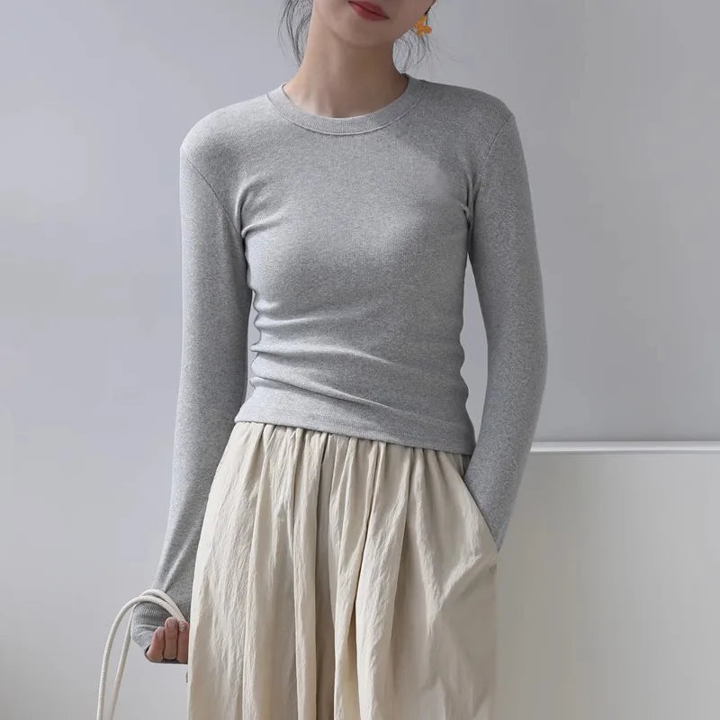 Cotton Women Long Sleeve T-shirt Solid O Neck Slim Base Layer Shirt Autumn New Casual Skinny Bottoming Shirt Sexy Cropped Tops