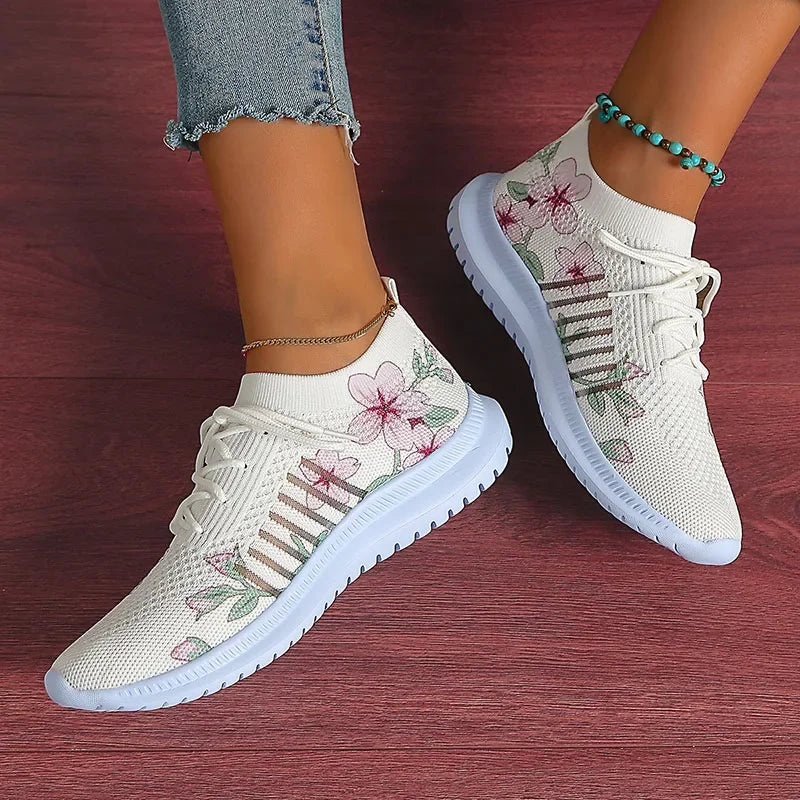 Breathable Knitted Casual Sneakers for Women Lightweight Soft Sole Slip On Walking Shoes Woman Plus Size Fashion Printed Flats
